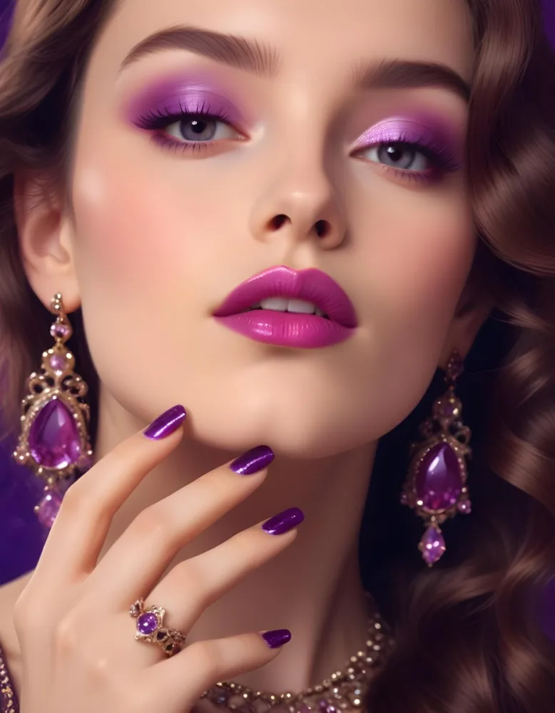 A Woman With Fair Skin And Long Wavy Brown Hair Approximately 25 Years Old She Has Bold Purple Eyeshadow And Glossy Pink Lips She Is Wearing Large Ornate Earrings With Purple Gemstones And Has Long Manicured Nail 28 F8b9