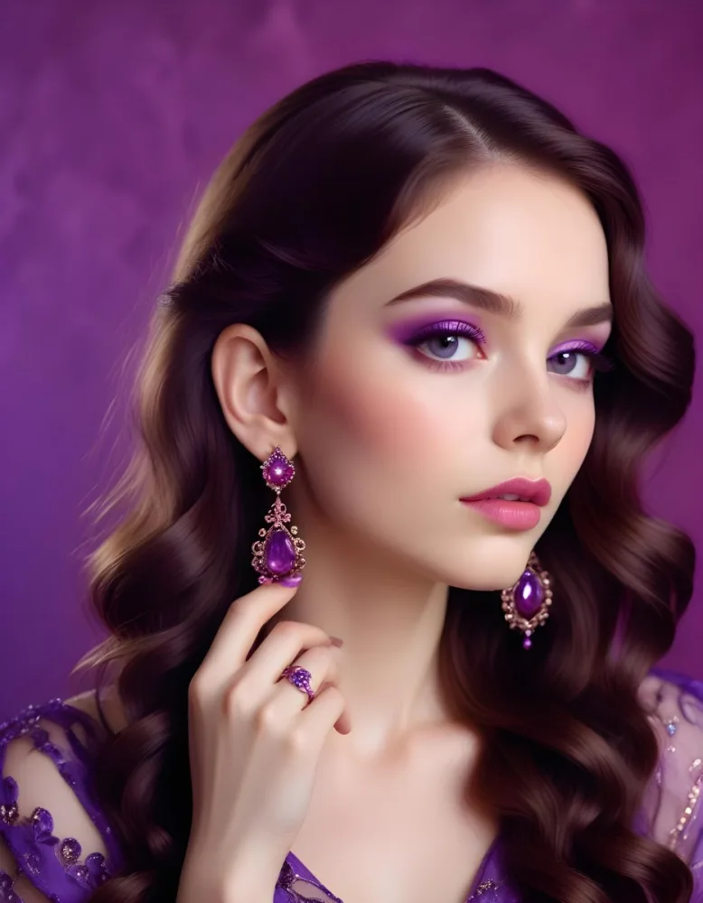 A Woman With Fair Skin And Long Wavy Brown Hair Approximately 25 Years Old She Has Bold Purple Eyeshadow And Glossy Pink Lips She Is Wearing Large Ornate Earrings With Purple Gemstones And Has Long Manicured Nail 31 1467