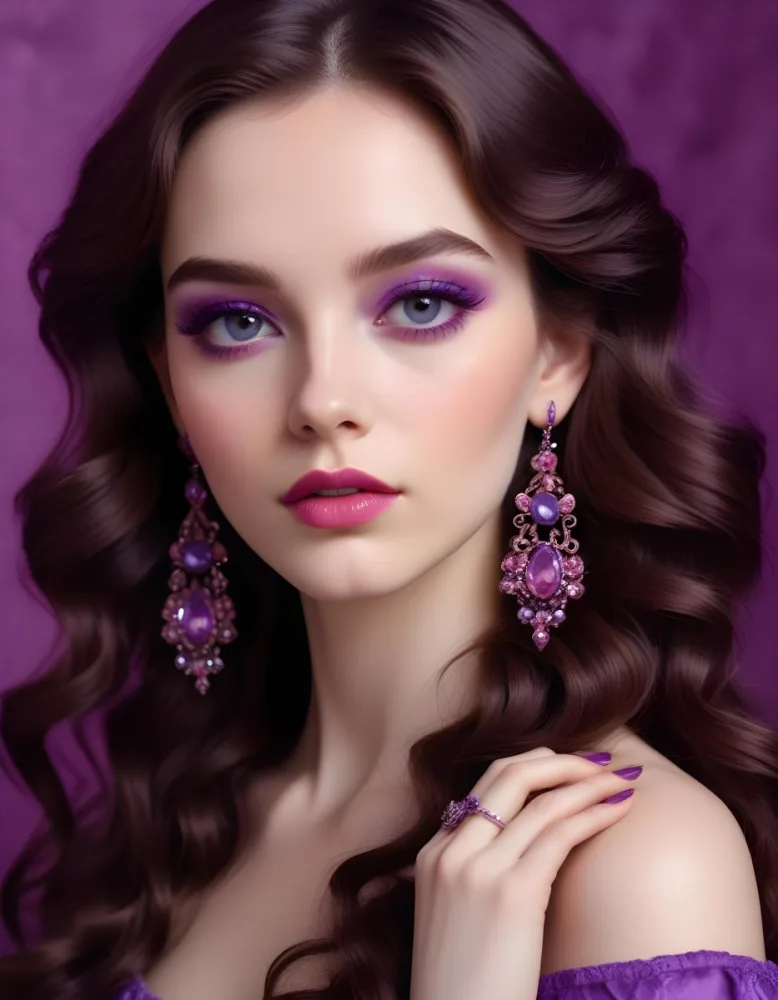 A Woman With Fair Skin And Long Wavy Brown Hair Approximately 25 Years Old She Has Bold Purple Eyeshadow And Glossy Pink Lips She Is Wearing Large Ornate Earrings With Purple Gemstones And Has Long Manicured Nail 34 C60b