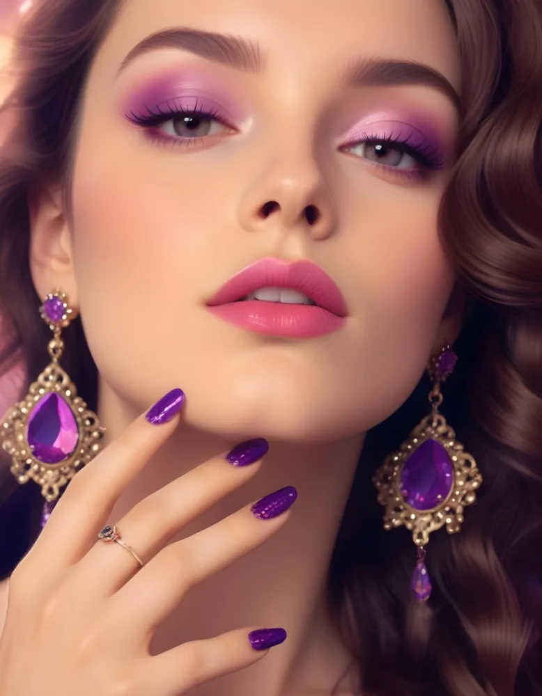 A Woman With Fair Skin And Long Wavy Brown Hair Approximately 25 Years Old She Has Bold Purple Eyeshadow And Glossy Pink Lips She Is Wearing Large Ornate Earrings With Purple Gemstones And Has Long Manicured Nail 36 933a