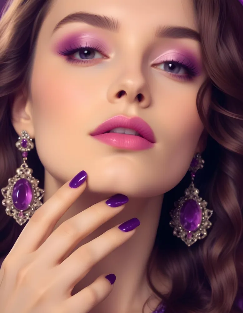 A Woman With Fair Skin And Long Wavy Brown Hair Approximately 25 Years Old She Has Bold Purple Eyeshadow And Glossy Pink Lips She Is Wearing Large Ornate Earrings With Purple Gemstones And Has Long Manicured Nail 8 Dfd2