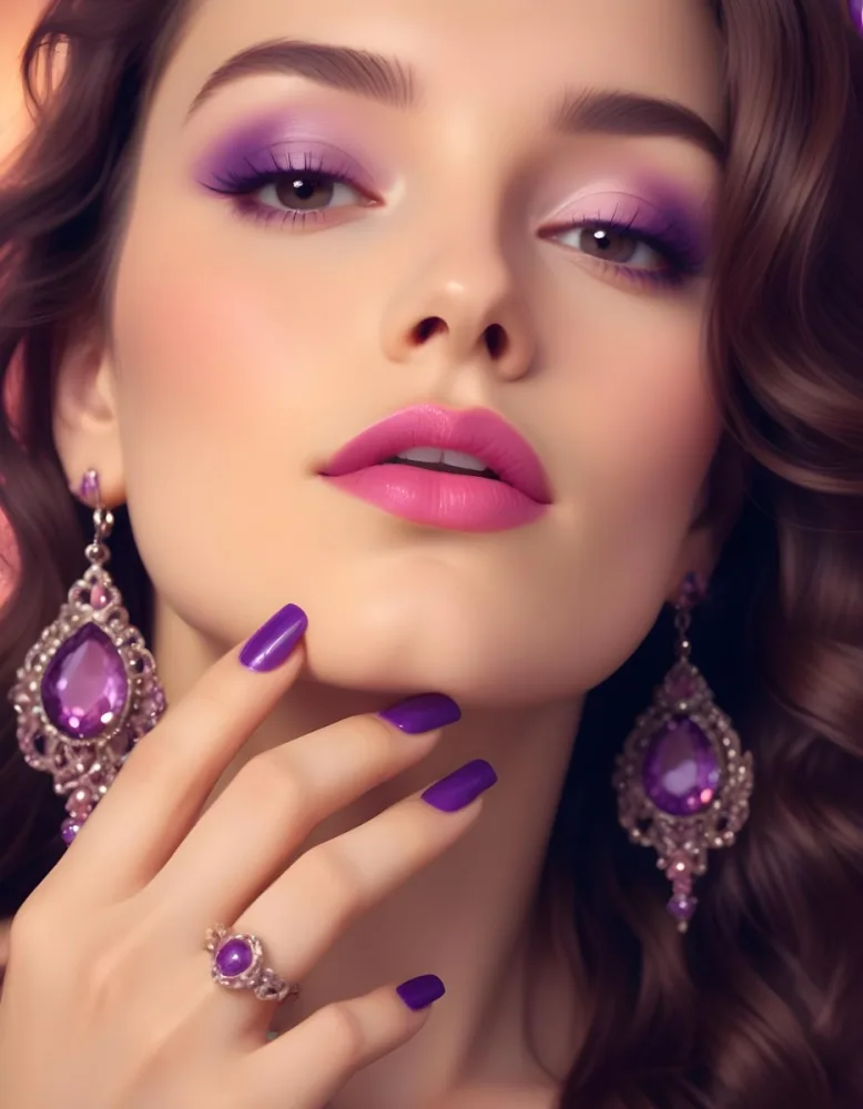 A Woman With Fair Skin And Long Wavy Brown Hair Approximately 25 Years Old She Has Bold Purple Eyeshadow And Glossy Pink Lips She Is Wearing Large Ornate Earrings With Purple Gemstones And Has Long Manicured Nail 9 20b0