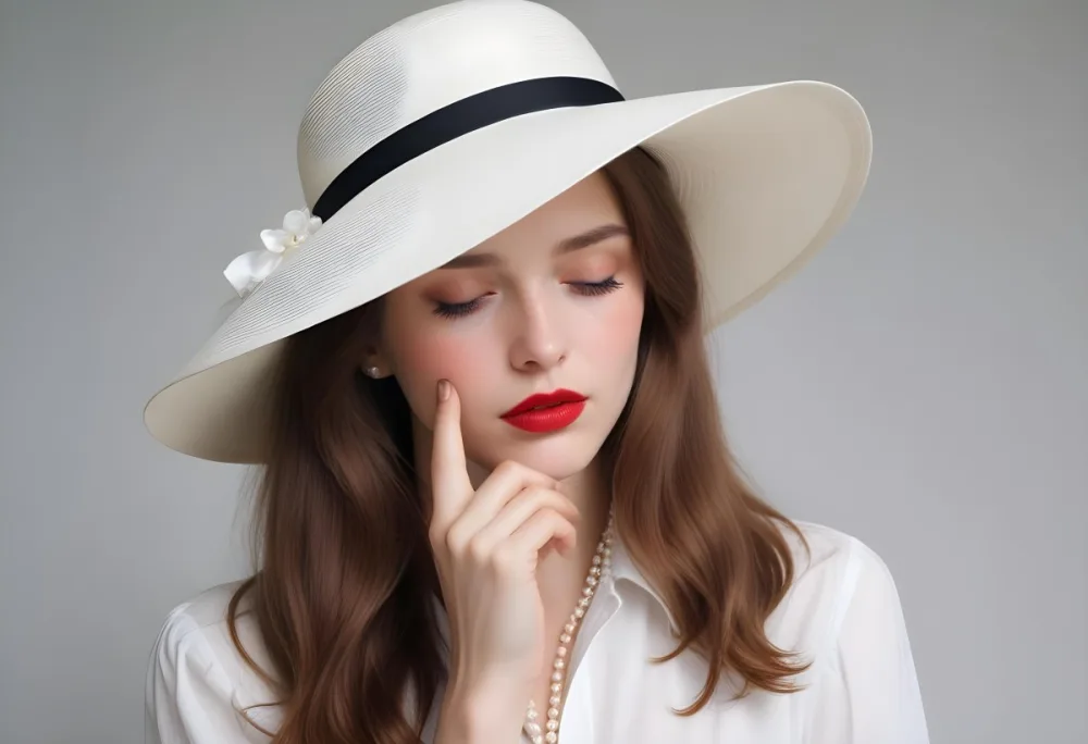 A Woman With Fair Skin And Red Lips Wearing A White Wide Brimmed Hat That Obscures Her Eyes She Has Long Hair And Is Dressed In A White Button Up Shirt She Is Holding A String Of White Pearls With One Hand And Touchi 262f