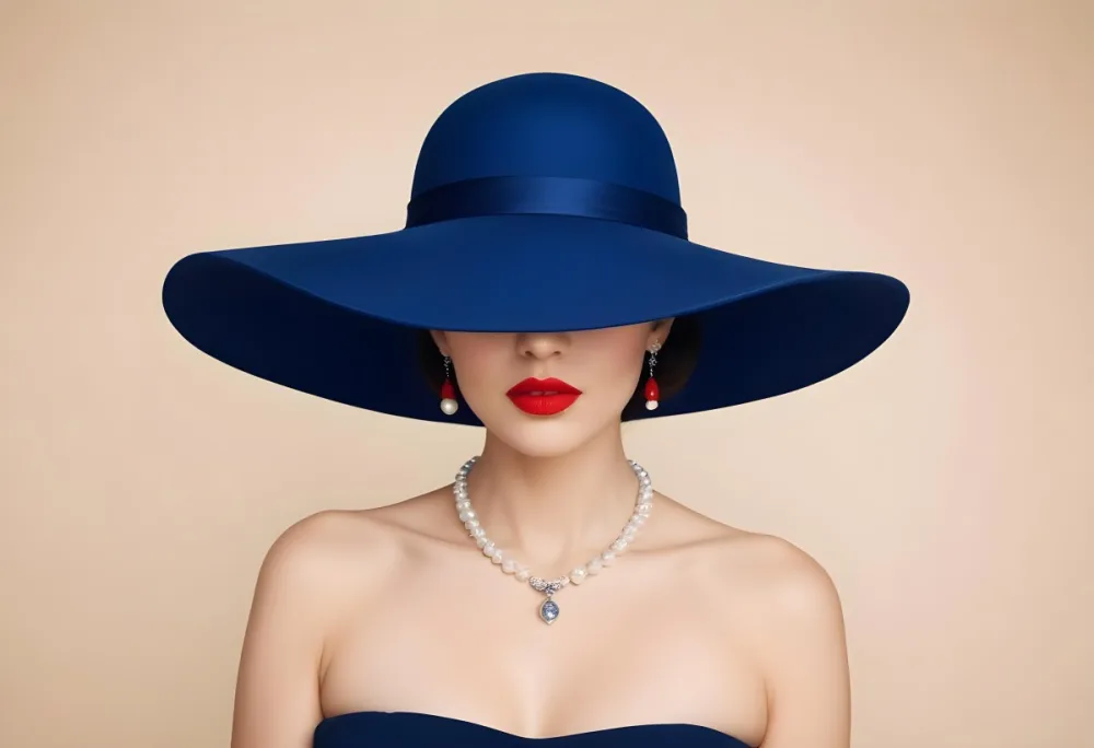 A Woman With Light Skin And Dark Hair Wearing A Large Blue Hat That Obscures Her Eyes She Has Bright Red Lipstick And Is Adorned With A Pearl Necklace The Background Is A Soft Neutral Color 14 3616
