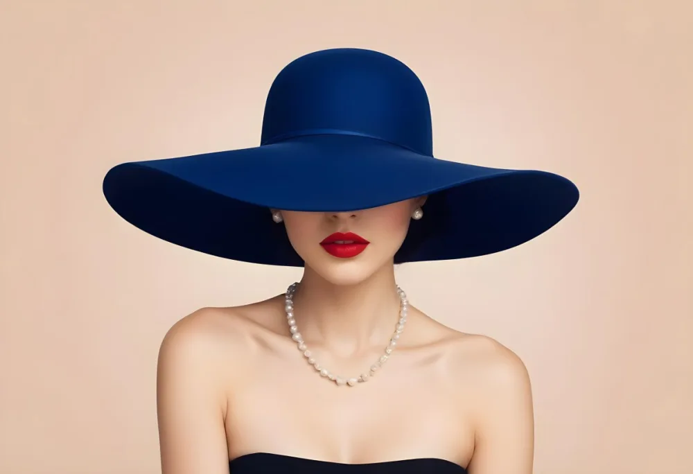 A Woman With Light Skin And Dark Hair Wearing A Large Blue Hat That Obscures Her Eyes She Has Bright Red Lipstick And Is Adorned With A Pearl Necklace The Background Is A Soft Neutral Color 22 E130