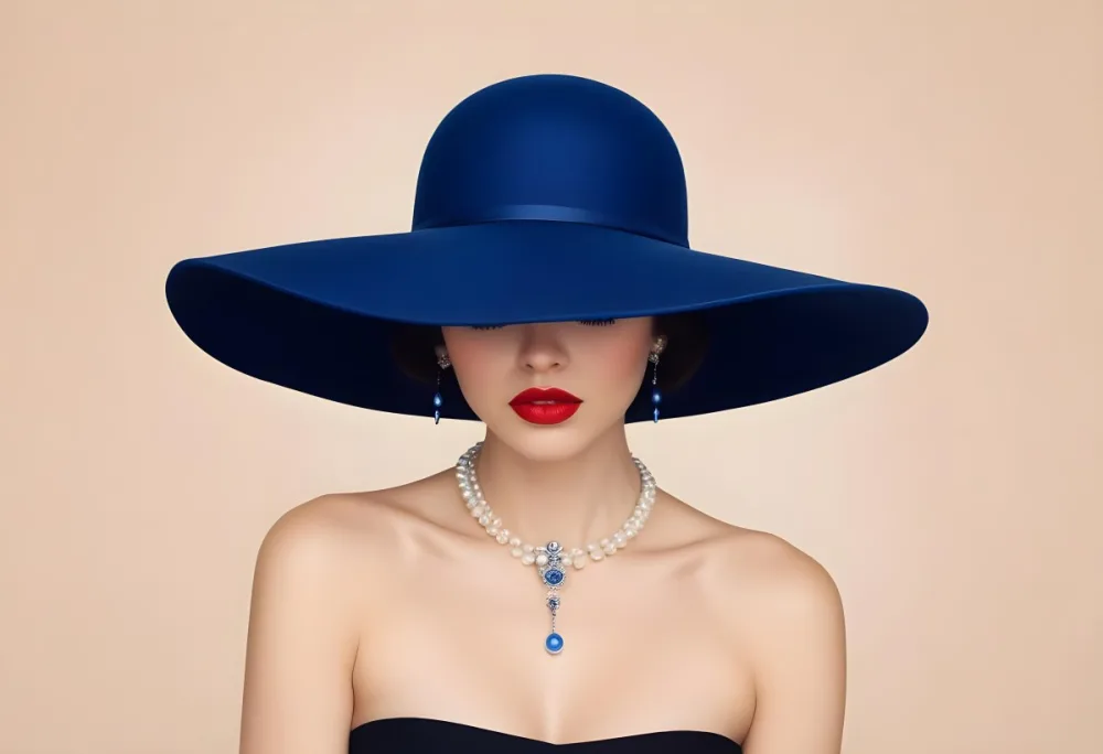 A Woman With Light Skin And Dark Hair Wearing A Large Blue Hat That Obscures Her Eyes She Has Bright Red Lipstick And Is Adorned With A Pearl Necklace The Background Is A Soft Neutral Color 39 Ed0a
