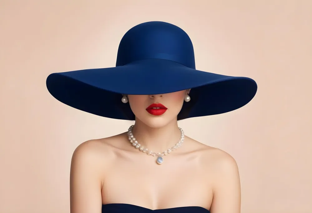 A Woman With Light Skin And Dark Hair Wearing A Large Blue Hat That Obscures Her Eyes She Has Bright Red Lipstick And Is Adorned With A Pearl Necklace The Background Is A Soft Neutral Color 50 58dc
