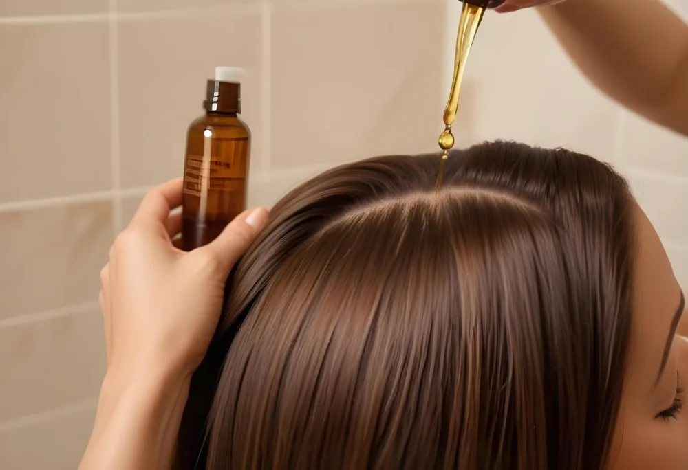 A Woman With Long Brown Hair Applying Hair Oil To The Ends Of Her Hair In A Bright Bathroom 3 D0a0