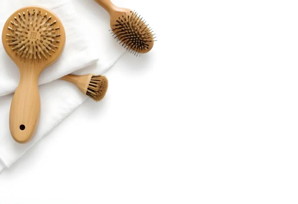 A Wooden Hairbrush A Glass Bottle And A White Towel On A White Background 10 Fdb7