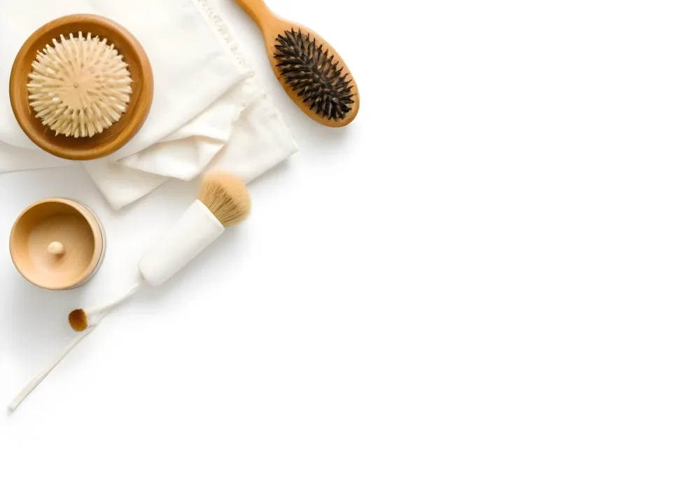 A Wooden Hairbrush A Glass Bottle And A White Towel On A White Background 11 8d1d
