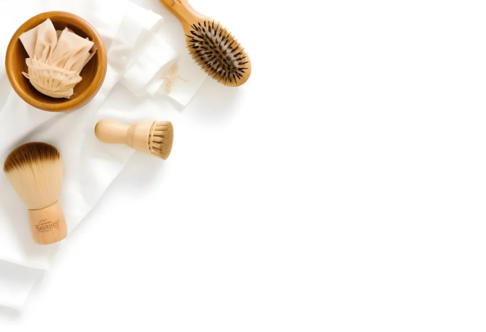 A Wooden Hairbrush A Glass Bottle And A White Towel On A White Background 12 C66a