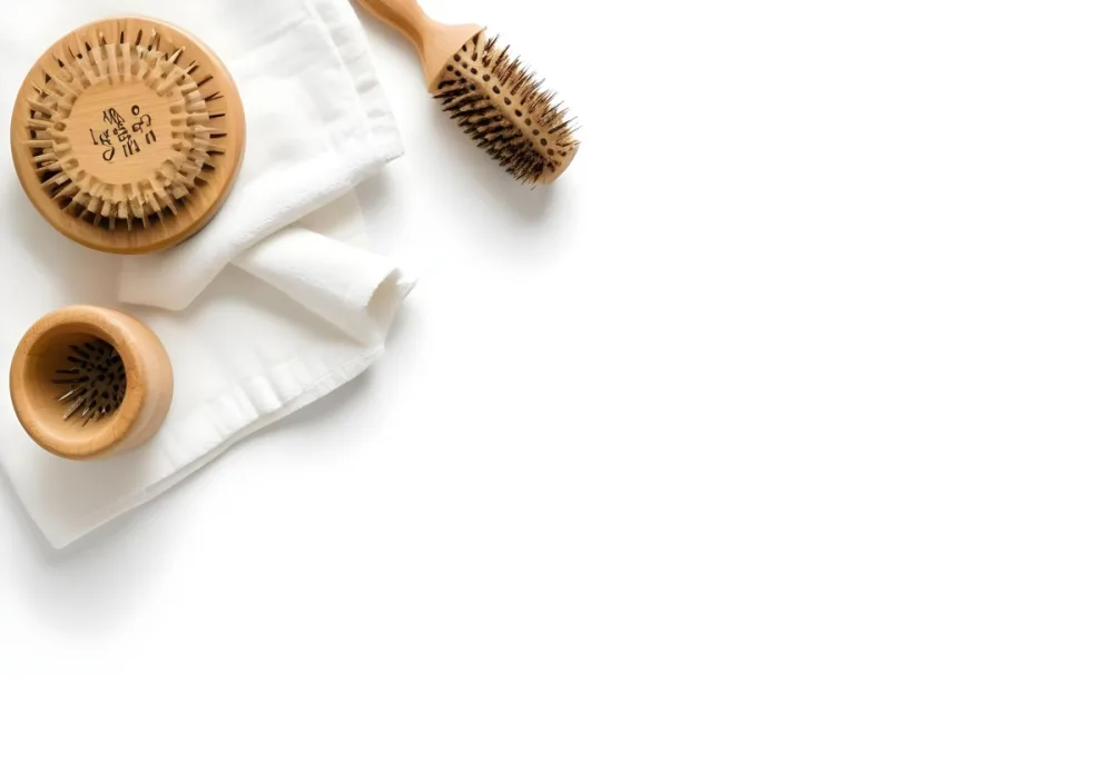 A Wooden Hairbrush A Glass Bottle And A White Towel On A White Background 9 3807