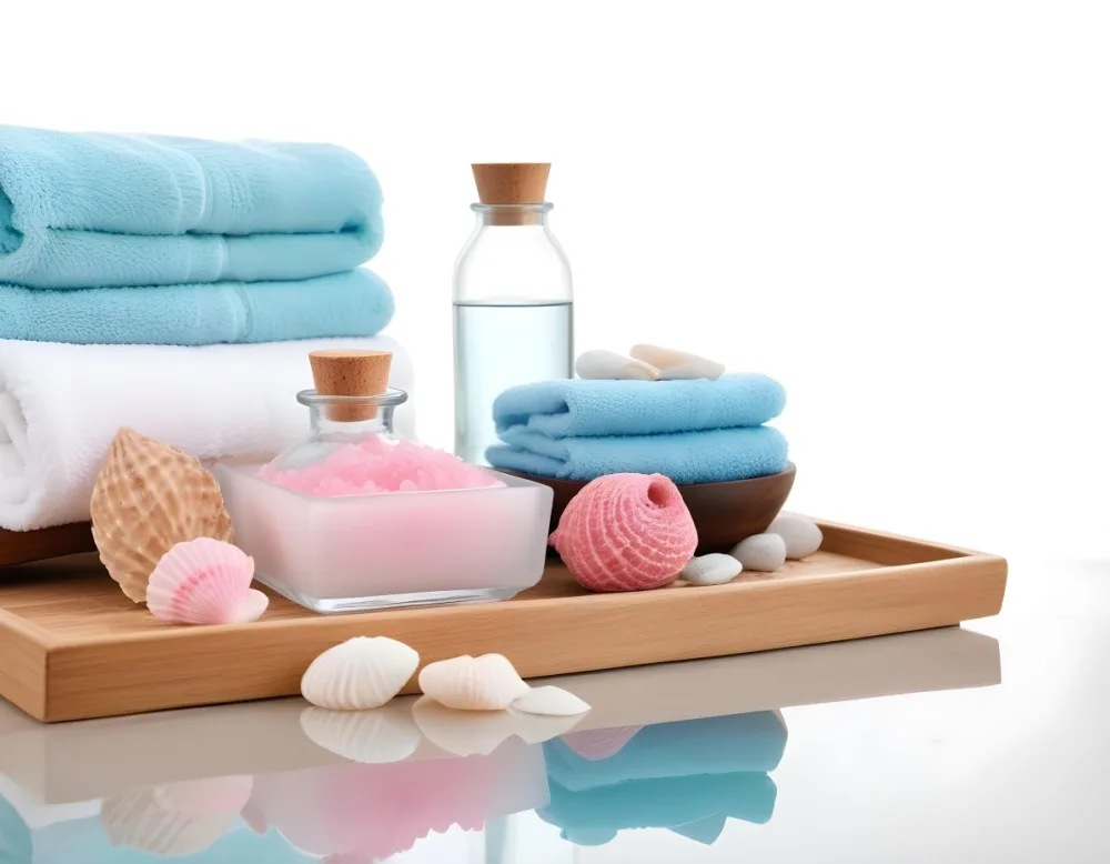 A Wooden Tray With Spa Items Including Blue Bath Salts In A Glass Bowl White And Pink Soaps A Small White Bottle And Decorative Shells There Are Also Two Rolled Towels In Light Blue And Pink The Background Is White 14 4365