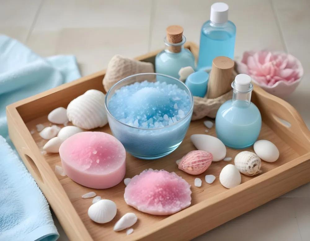 A Wooden Tray With Spa Items Including Blue Bath Salts In A Glass Bowl White And Pink Soaps A Small White Bottle And Decorative Shells There Are Also Two Rolled Towels In Light Blue And Pink The Background Is White 28 Aa09