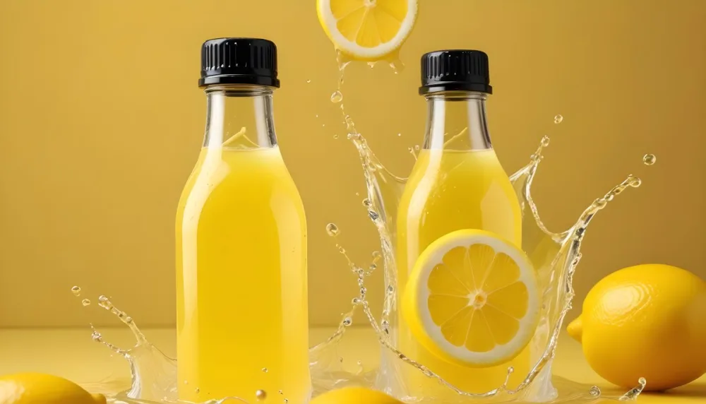 A Yellow Glass Bottle With A Black Cap Surrounded By Splashing Water And Lemon Slices On A Vibrant Yellow Background 19 3226