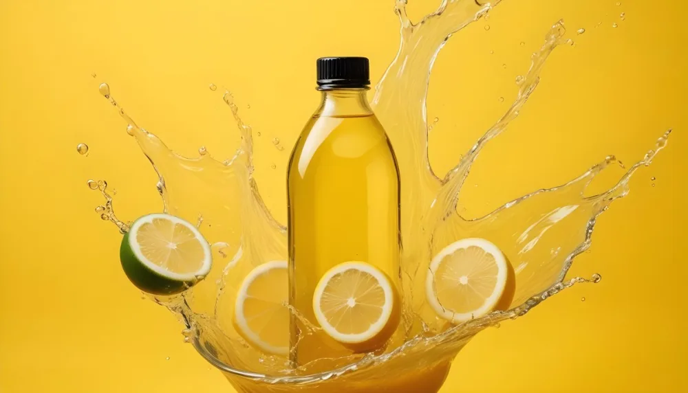A Yellow Glass Bottle With A Black Cap Surrounded By Splashing Water And Lemon Slices On A Vibrant Yellow Background 25 5e9f