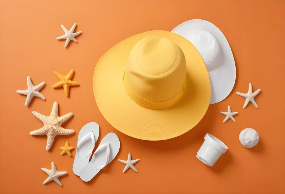 A Yellow Hat A Starfish An White Sunscreen And White Flip Flops On A Orange Background 1 B90d