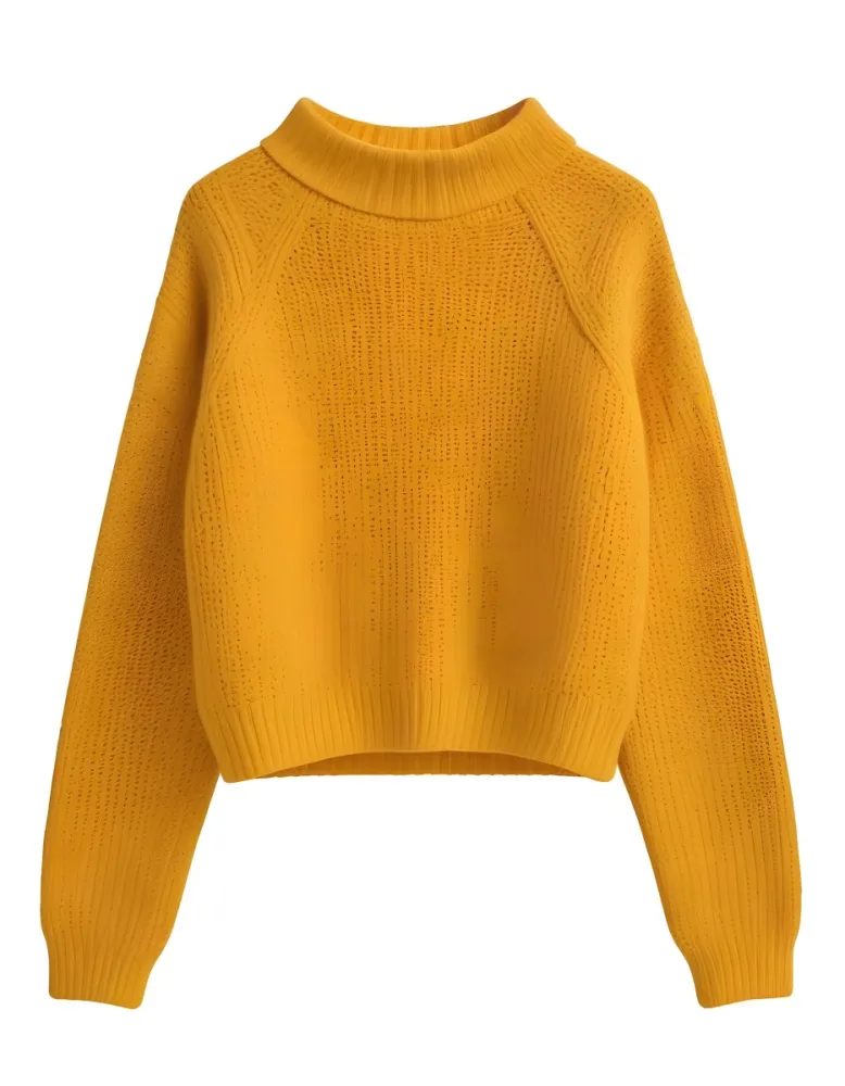 A Yellow Knitted Sweater With Long Sleeves And A High Neck Isolated On A White Background 14 9485