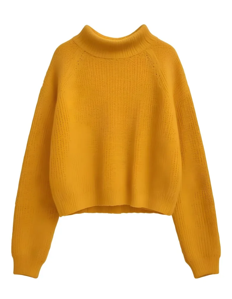 A Yellow Knitted Sweater With Long Sleeves And A High Neck Isolated On A White Background 17 9fd3