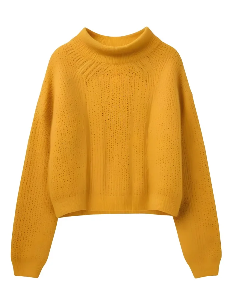 A Yellow Knitted Sweater With Long Sleeves And A High Neck Isolated On A White Background 21 228f