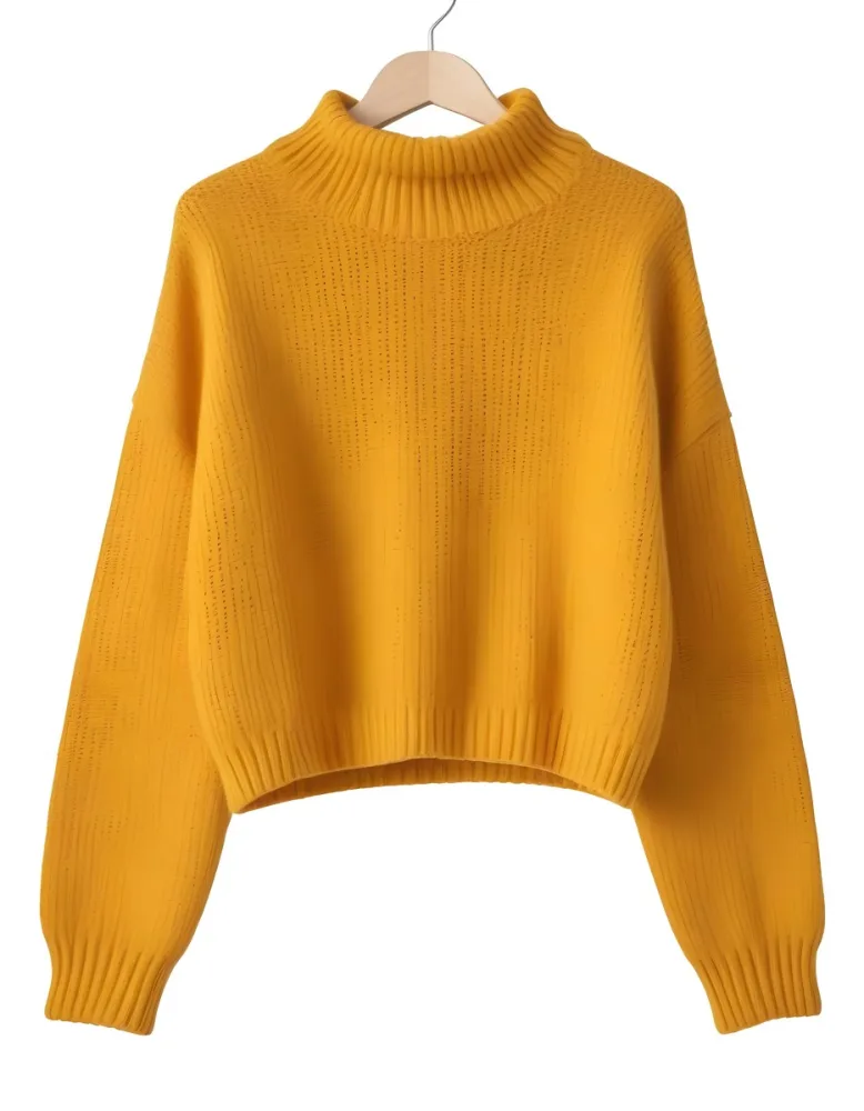 A Yellow Knitted Sweater With Long Sleeves And A High Neck Isolated On A White Background 29 E33a