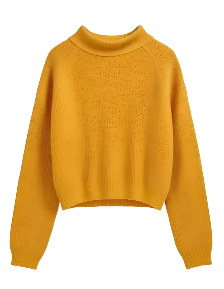 A Yellow Knitted Sweater With Long Sleeves And A High Neck Isolated On A White Background 4 84e8