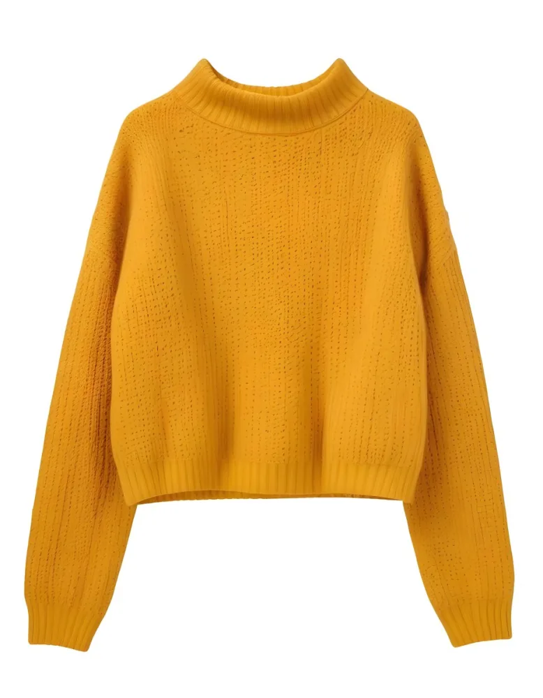 A Yellow Knitted Sweater With Long Sleeves And A High Neck Isolated On A White Background 7 Ecf9