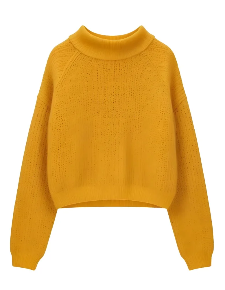 A Yellow Knitted Sweater With Long Sleeves And A High Neck Isolated On A White Background 9 047a