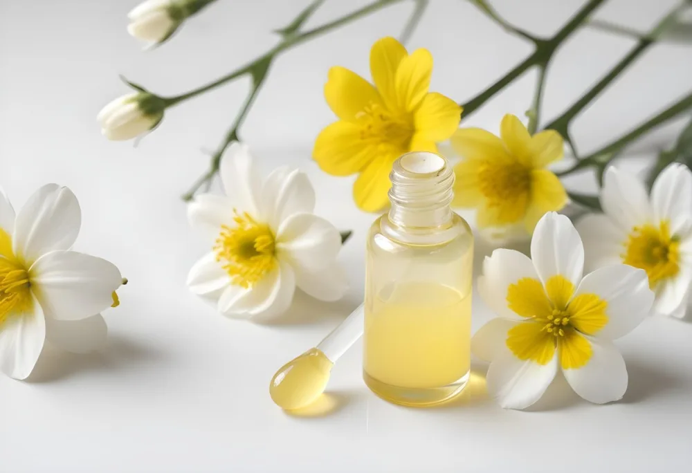 A Yellow Serum In A Glass Bottle With A White Dropper Next To Some White Flowers On A White Background 1 3e5a