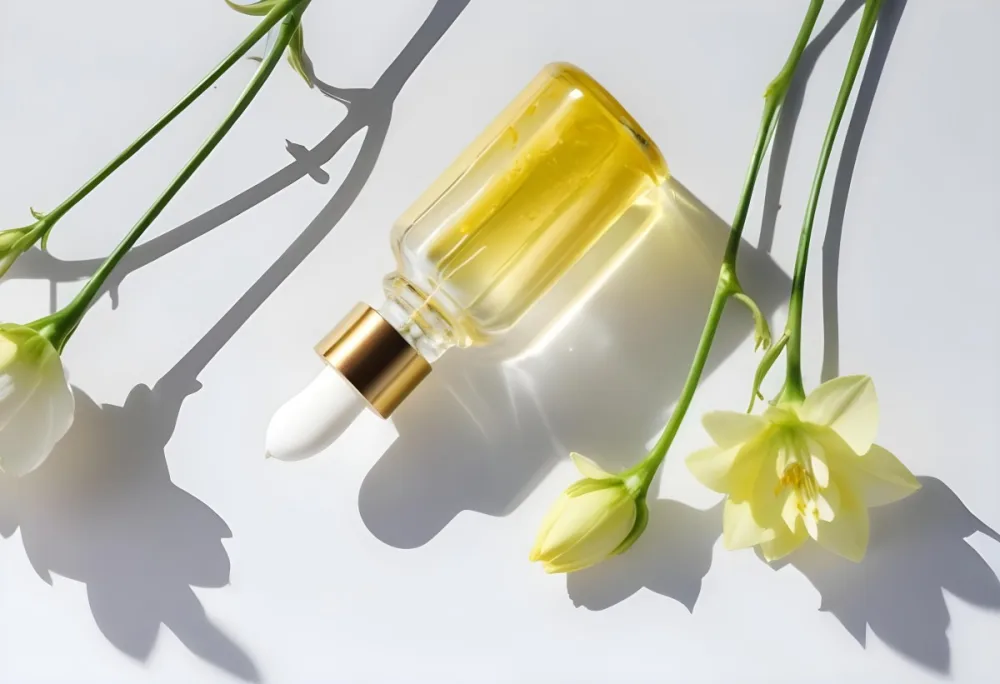 A Yellow Serum In A Glass Bottle With A White Dropper Next To Some White Flowers On A White Background 18 Cf04