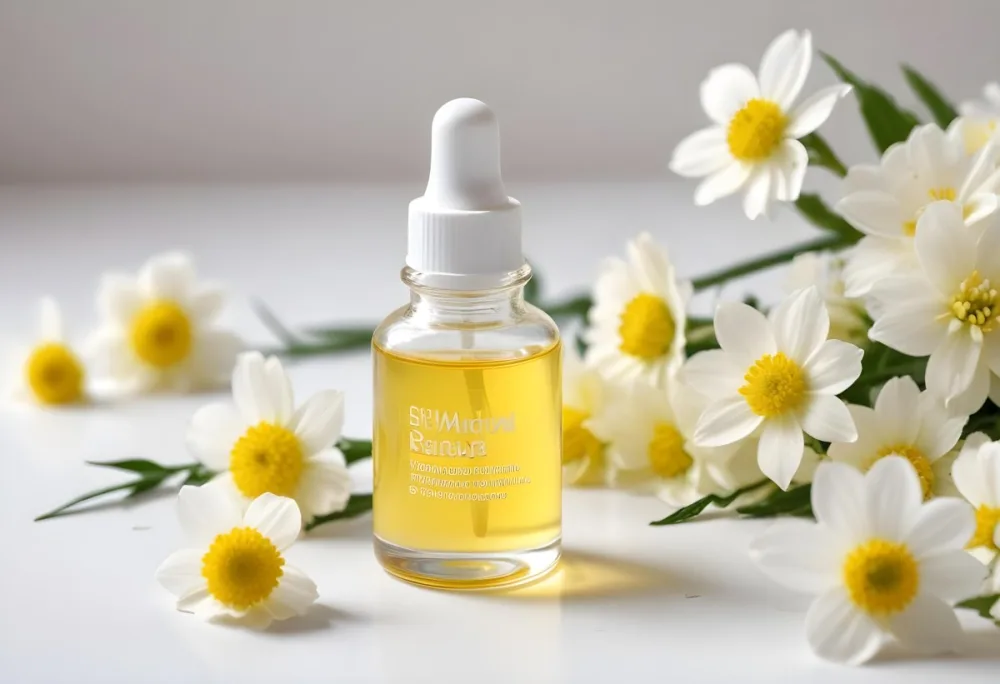 A Yellow Serum In A Glass Bottle With A White Dropper Next To Some White Flowers On A White Background 24 84b2