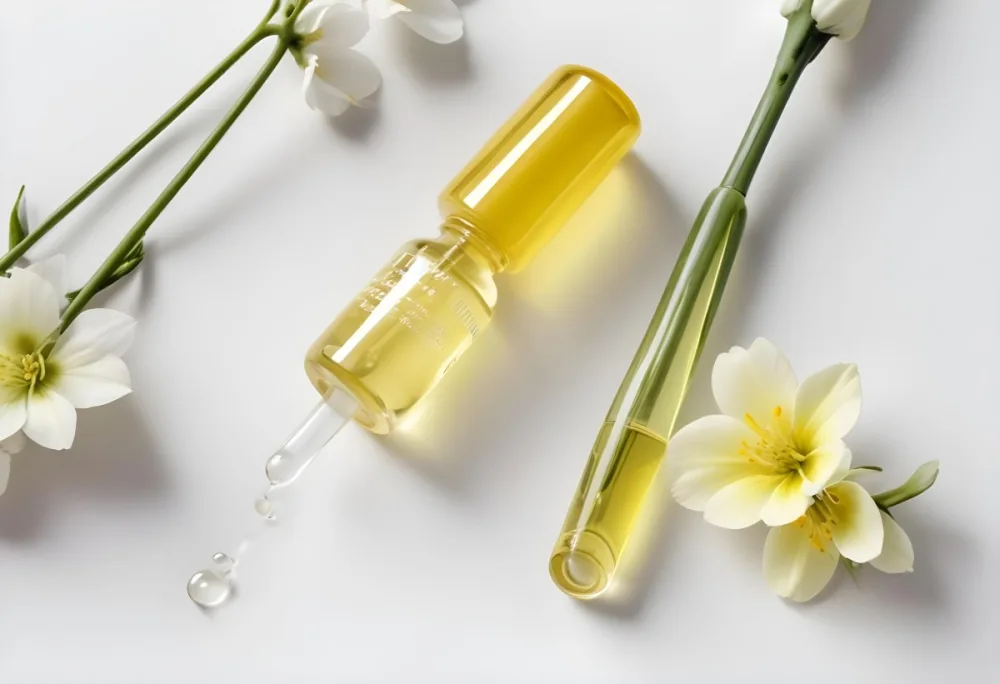 A Yellow Serum In A Glass Bottle With A White Dropper Next To Some White Flowers On A White Background 29 4682