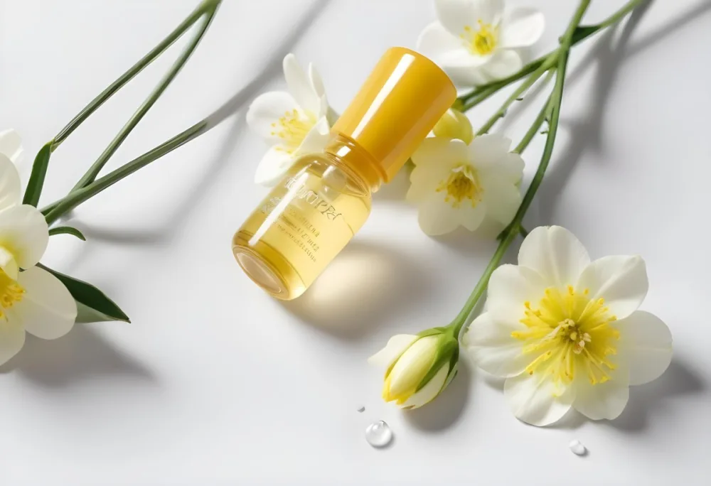 A Yellow Serum In A Glass Bottle With A White Dropper Next To Some White Flowers On A White Background 3 7a74