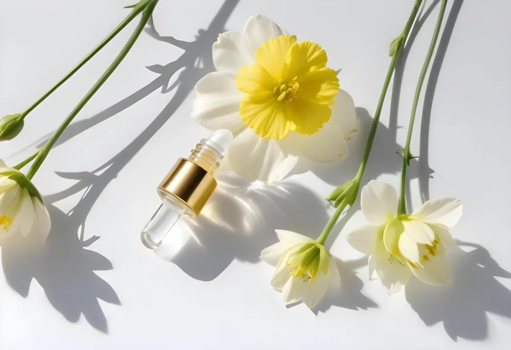 A Yellow Serum In A Glass Bottle With A White Dropper Next To Some White Flowers On A White Background 34 3491