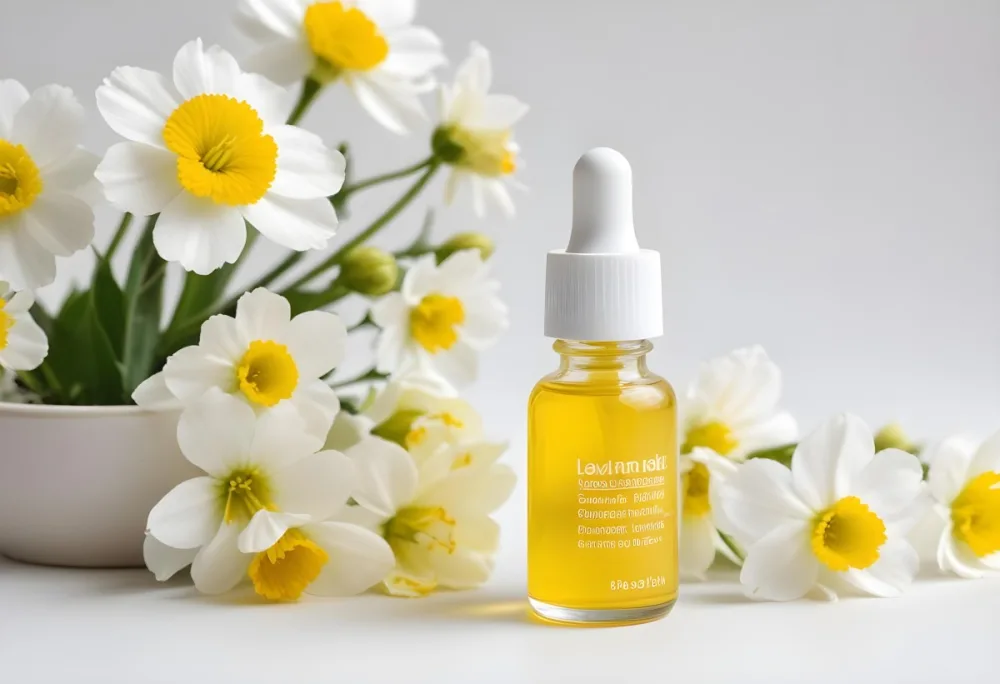 A Yellow Serum In A Glass Bottle With A White Dropper Next To Some White Flowers On A White Background 41 37b2