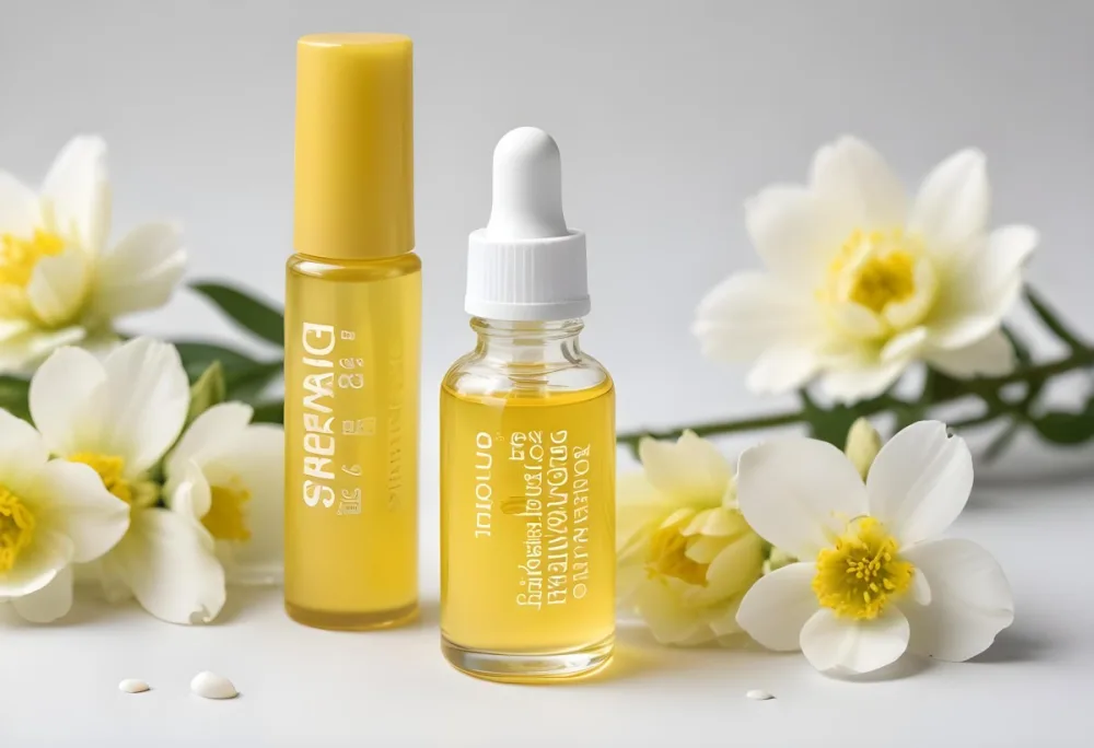 A Yellow Serum In A Glass Bottle With A White Dropper Next To Some White Flowers On A White Background 45 7acd