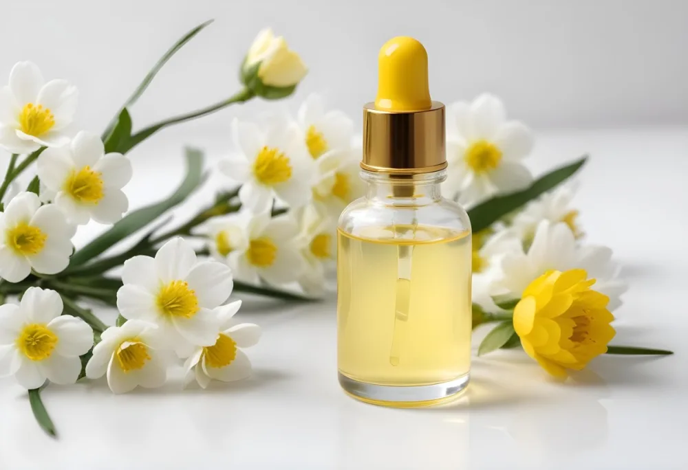 A Yellow Serum In A Glass Bottle With A White Dropper Next To Some White Flowers On A White Background 47 7c7a