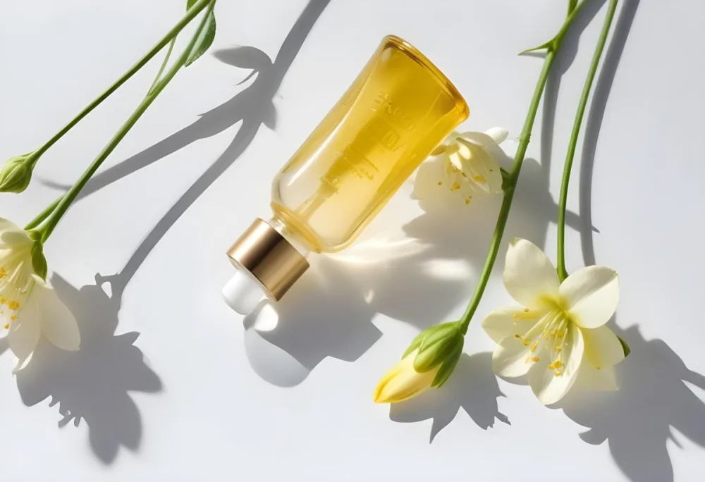 A Yellow Serum In A Glass Bottle With A White Dropper Next To Some White Flowers On A White Background 48 4405