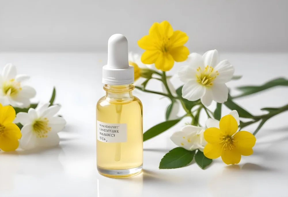 A Yellow Serum In A Glass Bottle With A White Dropper Next To Some White Flowers On A White Background 5 9763