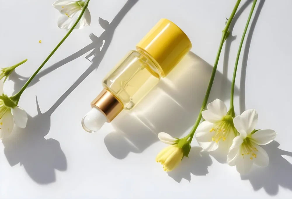 A Yellow Serum In A Glass Bottle With A White Dropper Next To Some White Flowers On A White Background 9 7d1c