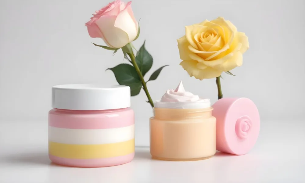 A Yellow Sponge Next To A Pink And White Cosmetic Cream Jar With A White Rose In A White Background 4 A178
