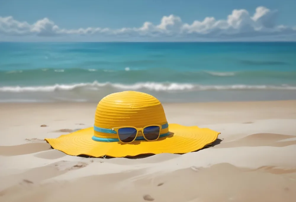 A Yellow Sun Hat With Sunglasses On The Sand Turquoise Sea And Cloudy Sky In The Background 11 4da3
