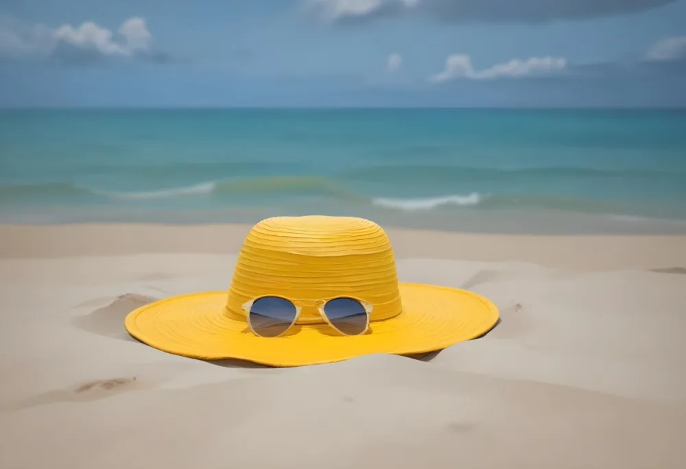 A Yellow Sun Hat With Sunglasses On The Sand Turquoise Sea And Cloudy Sky In The Background 15 C8b1