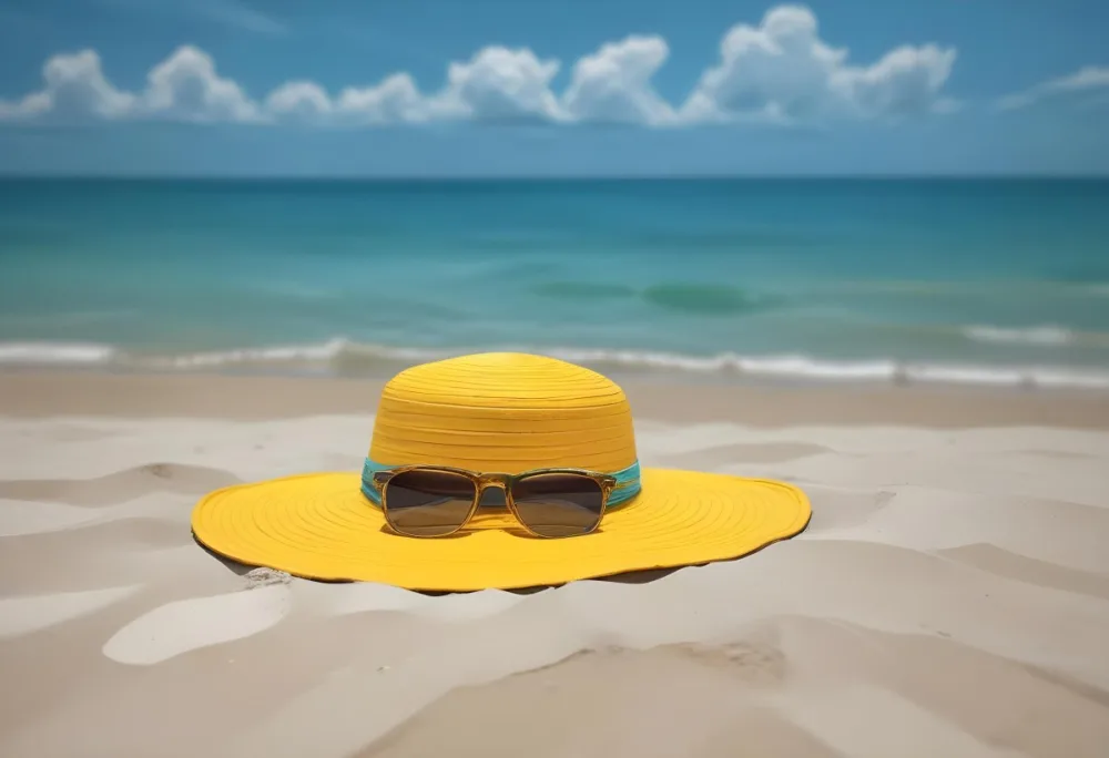 A Yellow Sun Hat With Sunglasses On The Sand Turquoise Sea And Cloudy Sky In The Background 7 38bb