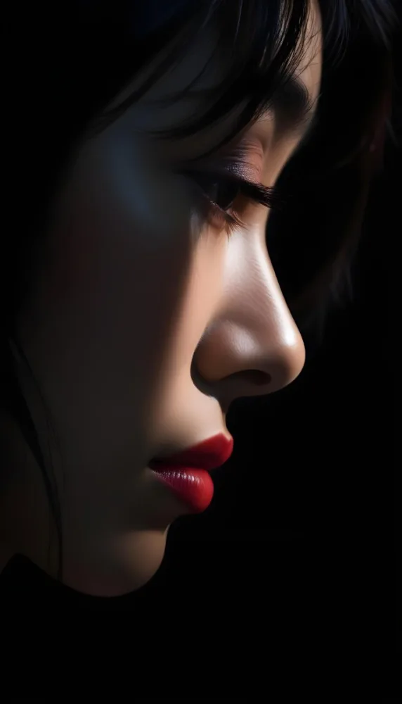 A Young Asian Woman With Dark Hair And A Side Profile View Her Skin Is Dark And She Has Full Lips With A Deep Red Color The Lighting Creates Dramatic Shadows On Her Face Emphasizing Her Nose And Cheekbone The Backg 21 0410