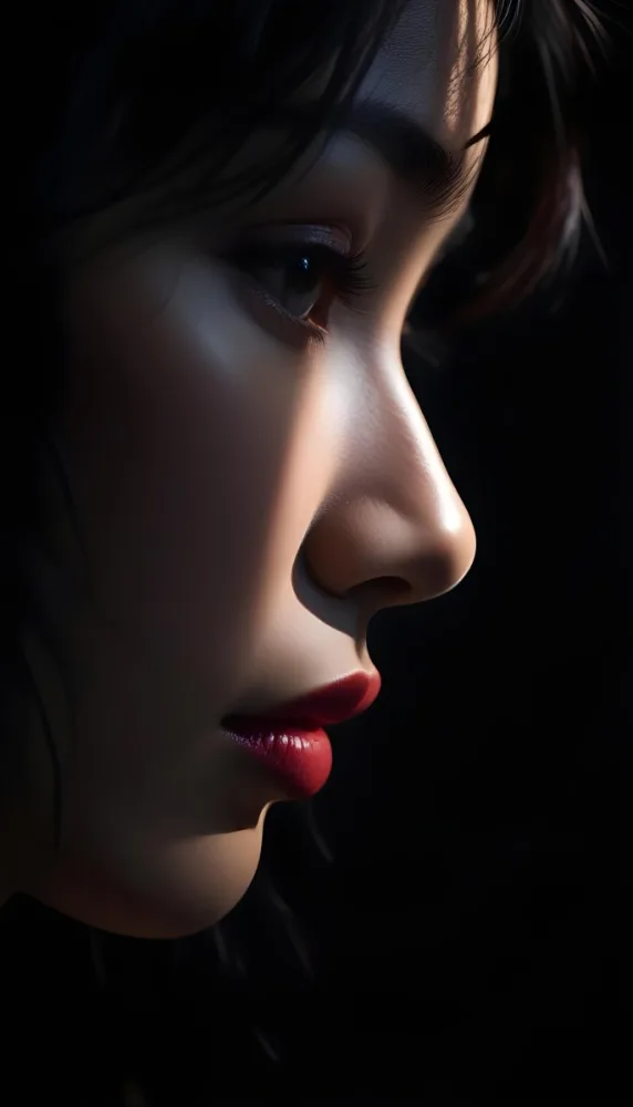 A Young Asian Woman With Dark Hair And A Side Profile View Her Skin Is Dark And She Has Full Lips With A Deep Red Color The Lighting Creates Dramatic Shadows On Her Face Emphasizing Her Nose And Cheekbone The Backg 23 2fc5