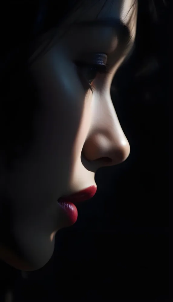 A Young Asian Woman With Dark Hair And A Side Profile View Her Skin Is Dark And She Has Full Lips With A Deep Red Color The Lighting Creates Dramatic Shadows On Her Face Emphasizing Her Nose And Cheekbone The Backg 8 Aa84
