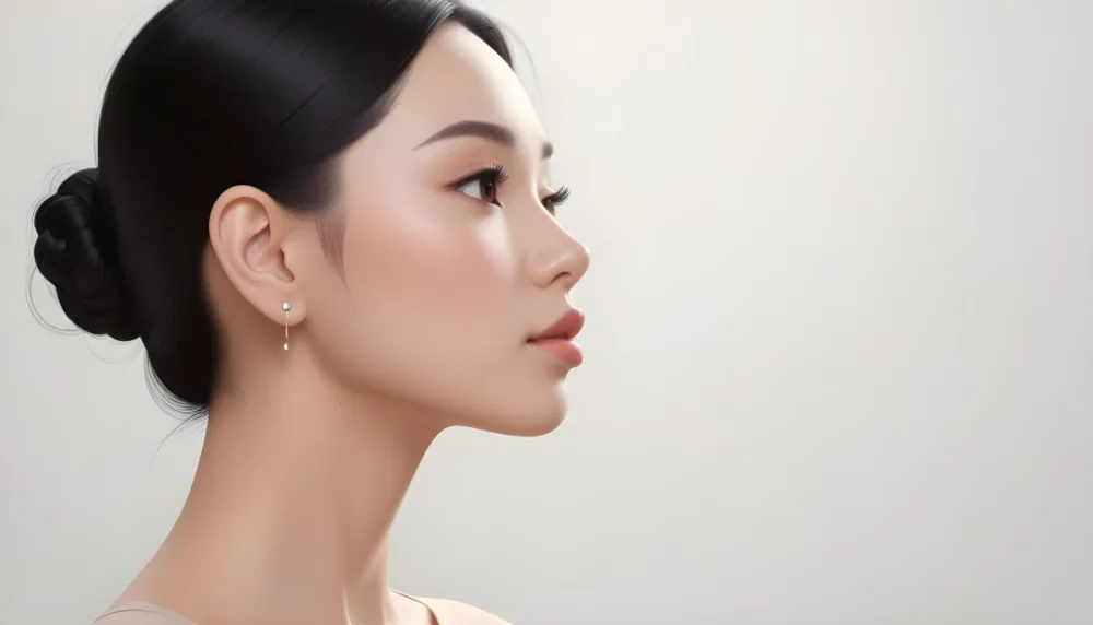 A Young Asian Woman With Light Skin And Long Black Hair Styled In A Sleek Updo Showcasing A Profile View She Has Subtle Makeup With Emphasis On Her Eyes And Lips Wearing A Small Earring The Background Is A Soft Li 16 D575