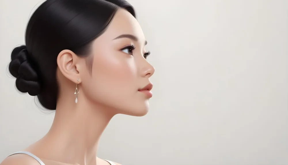 A Young Asian Woman With Light Skin And Long Black Hair Styled In A Sleek Updo Showcasing A Profile View She Has Subtle Makeup With Emphasis On Her Eyes And Lips Wearing A Small Earring The Background Is A Soft Li 22 1aa6