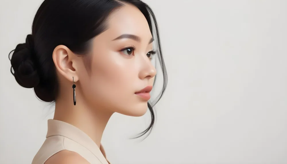 A Young Asian Woman With Light Skin And Long Black Hair Styled In A Sleek Updo Showcasing A Profile View She Has Subtle Makeup With Emphasis On Her Eyes And Lips Wearing A Small Earring The Background Is A Soft Li 29 716c